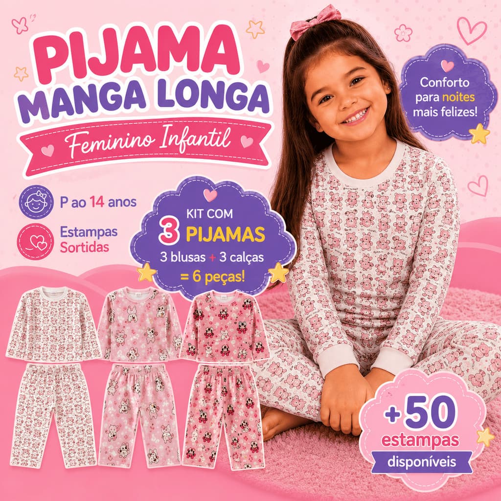 Kit 3 Pijamas Infantil Menina Criança Inverno Manga Longa Comprida Calça Blusa 6 Peças Estampas Sortidas Roupa de Dormir