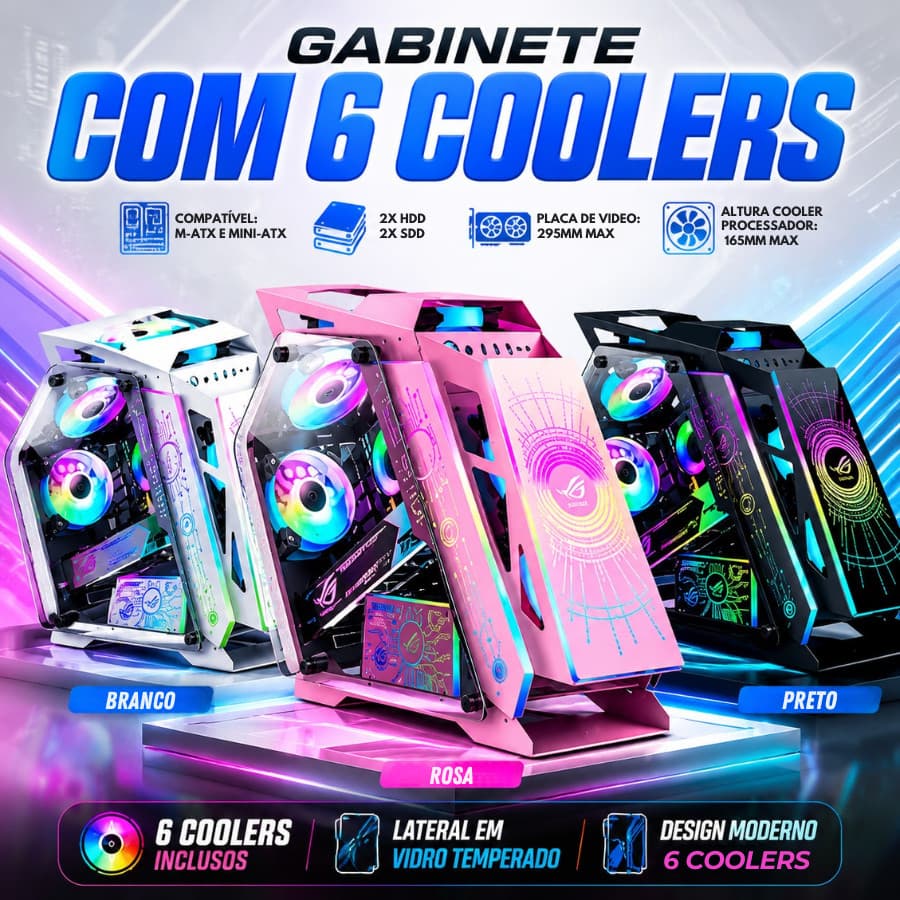 Gabinete Para Computador Gamer Gaming Com Painel De Vidro com 6 Coolers compativel M-ATX e MINI-ATX