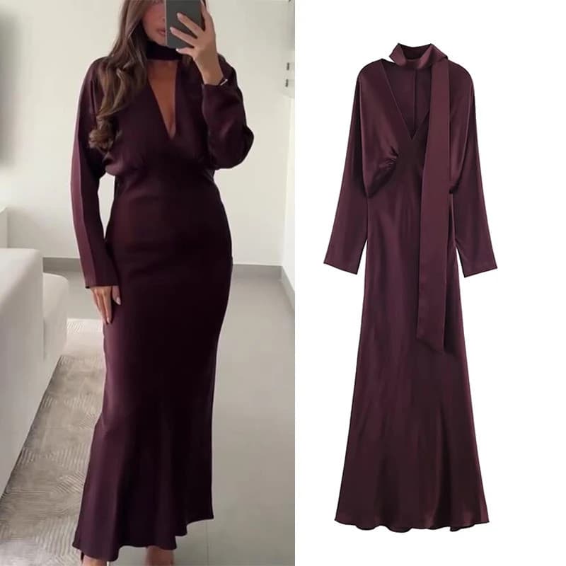 Novo Vestido Feminino de Cetim com Decote em V 2025, Vestidos Longos com Lenço, Vestidos Elegantes e Chiques, Vestido Ca