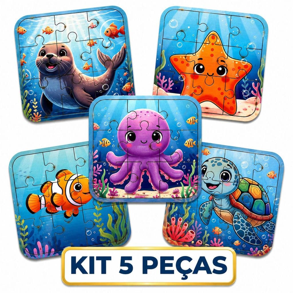 Kit 5 Quebra-Cabeça Infantil Educativo Madeira Mdf Fundo do Mar Fofos Brinquedo Pedagógico Desenvolvimento 9 Peças cada