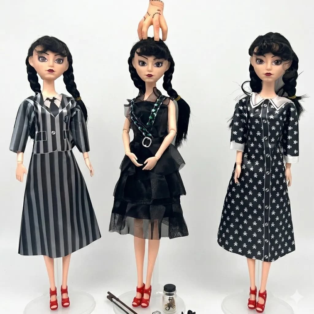 Kit 3 Boneca Articulada Wandinha Addams 29cm C/ Acessórios