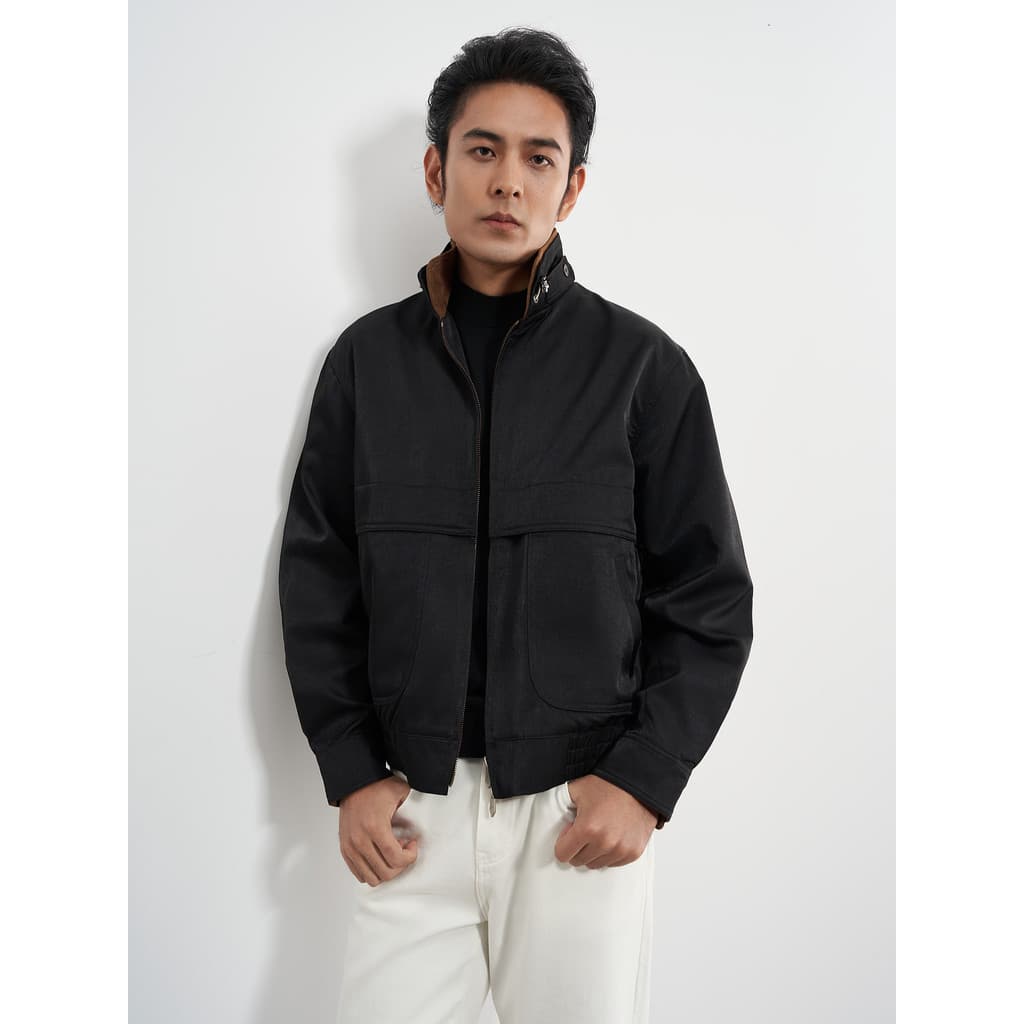 Aojia [Jaqueta Harrington] Jaqueta preta masculina Business Commuter Antirrugas Jaqueta Bomber Casual primavera outono