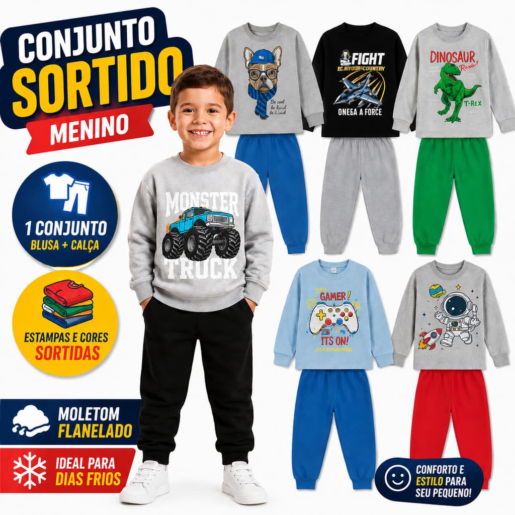 Conjunto 2 Peças de Inverno (Casaco + Calça) Meninos Peluciado de Moletom Sortidos.