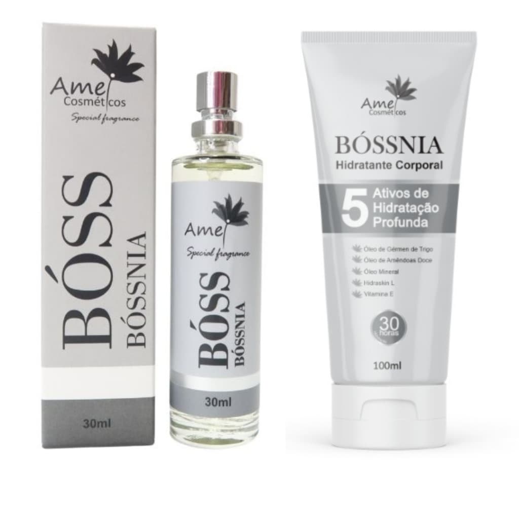 Kit Perfume 30ml e Hidratante 100ml Masculino Bóssnia Amei Cosméticos Alta Fixação 33% de Essência Importada