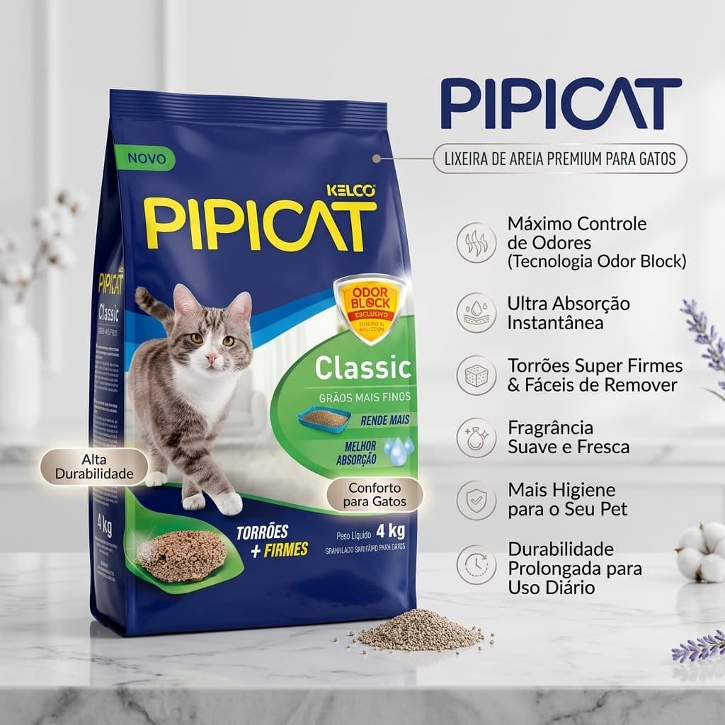 Pipicat Classic 4kg Areia Para Gatos Tecnologia Odor Block Fragrância Suave
