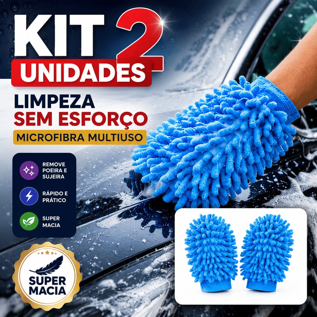 Kit 2 Luva de Microfibra Multiuso 18cm Colorida para Lavar Carro Moto Limpeza Geral Resistente Chenile pano Automotivo
