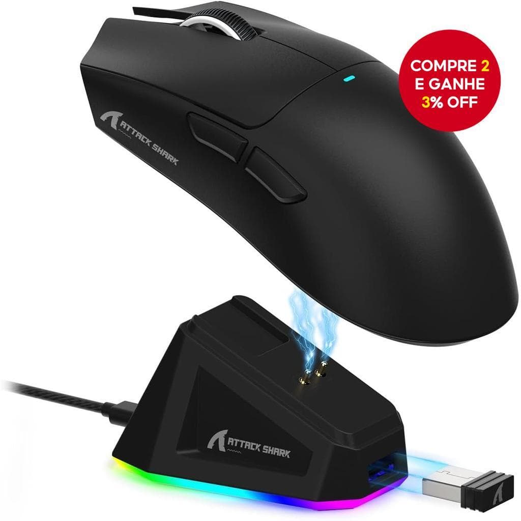  Mouse Gamer Leve Sem Fio SHARK X11 com Base de Carregamento RGB, Tri-Modo 2.4G/USB-C com Fio/Bluetooth, 22K DPI, Sensor