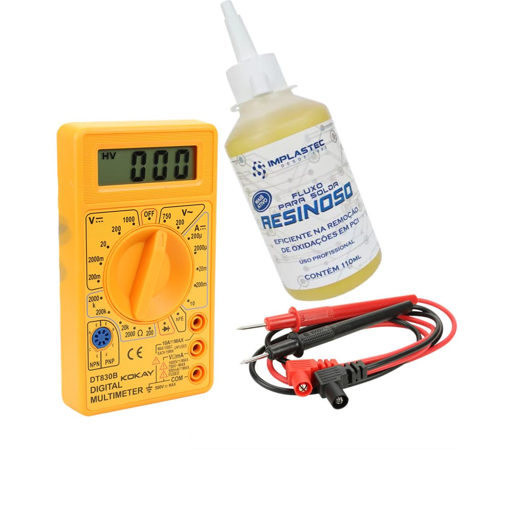 Kit Multímetro Digital DT 830B + Fluxo Solda Resinoso 110ml