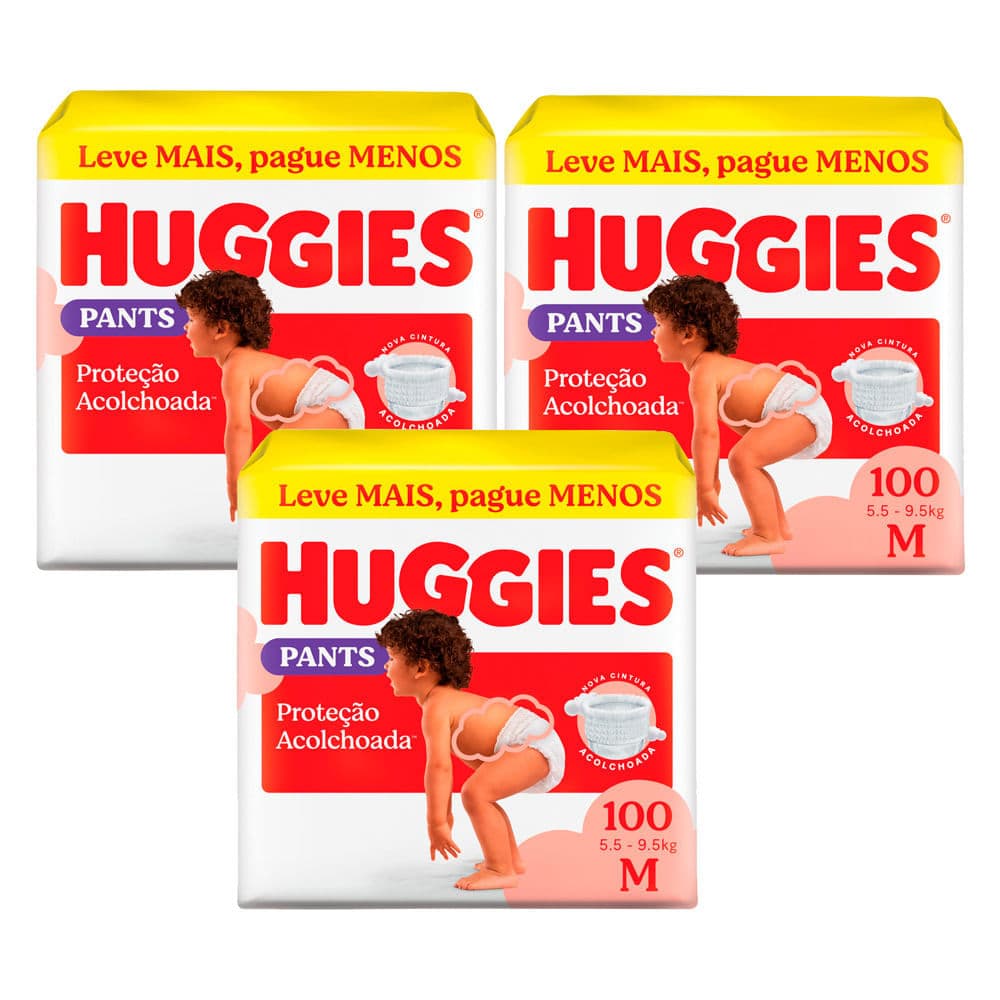 Kit 3 Fralda Huggies Pants Roupinha Proteção Acolchoada Tamanho M 100 Unidades Descartáveis