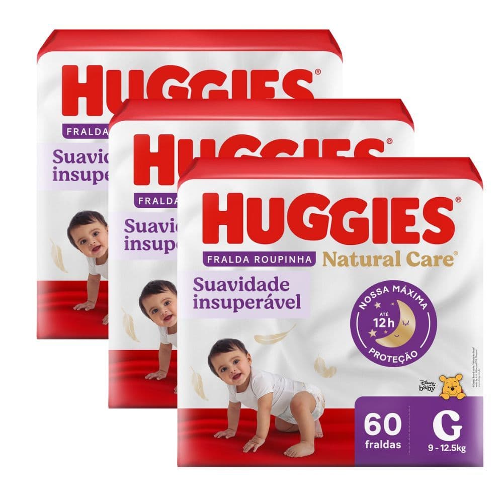 Kit 3 Fralda Roupinha Huggies Natural Care Tamanho G Pacote Hiper 60 Unidades Descartáveis