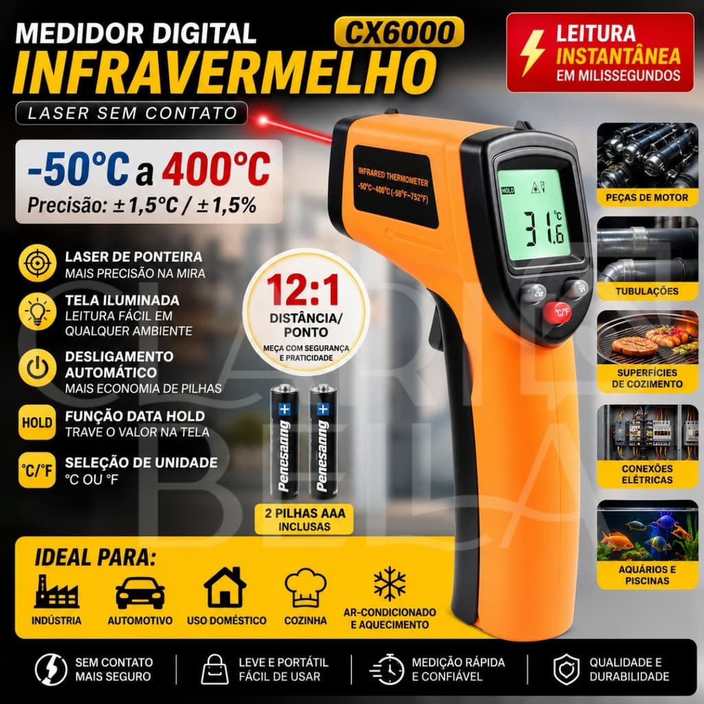 Termômetro Digital Infravermelho Laser Industrial CX6000 -50°C a 400°C