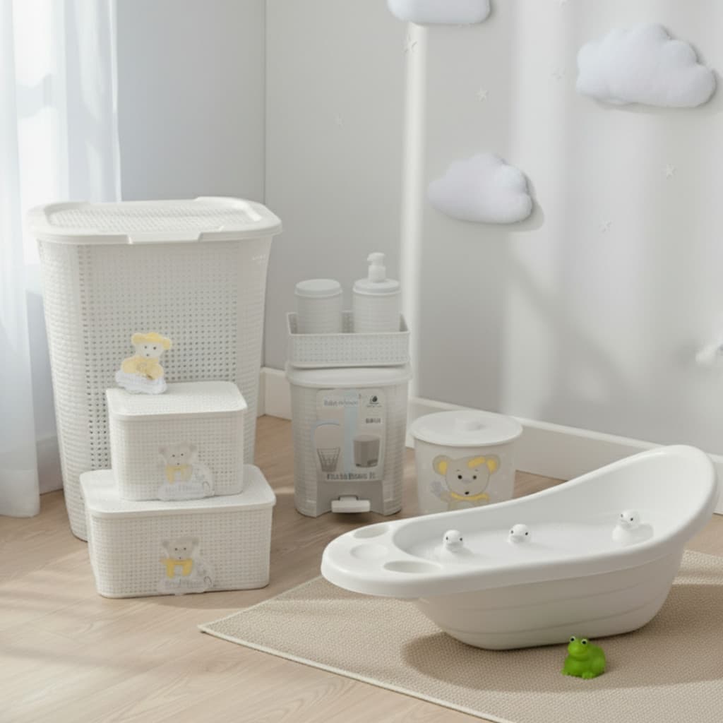 Kit Organizador Quarto Bebê completo 7 peças Branco Banheira Rattan Cesto Lixeira Caixa Multiuso