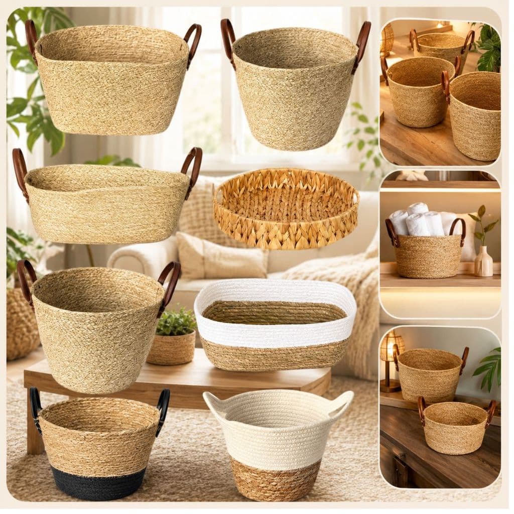 Cesto Organizador de Fibra Natural Palha Mocca Paramount Multiuso Decorativo Moderno Pratico Sala Banheiro Quarto