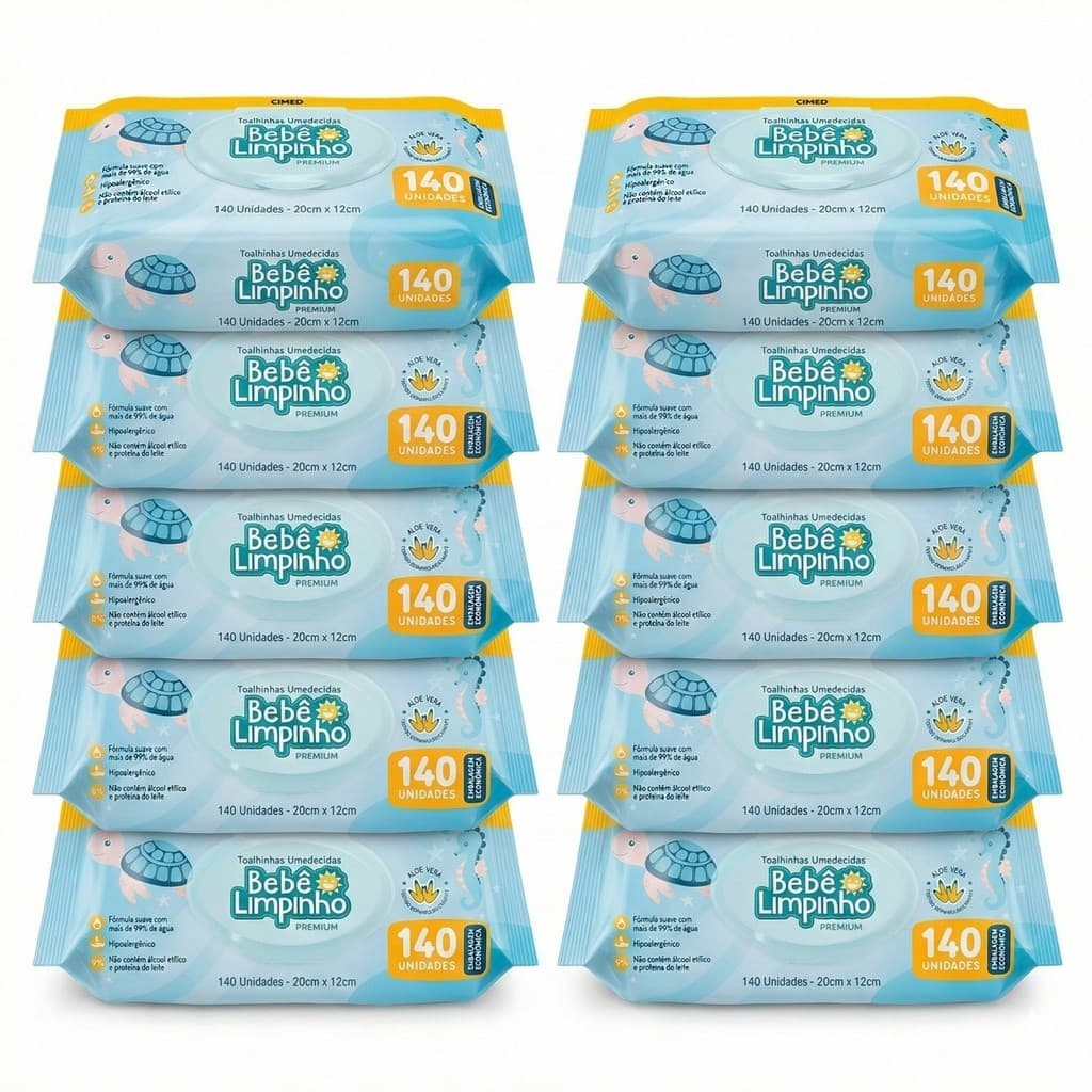 Kit Infantil Premium de Cuidado 1400 Toalhas Umedecidas Bebê Limpinho Premium Suave