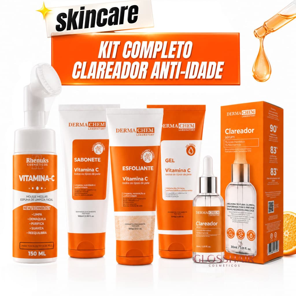 Kit Skincare Vitamina C Dermachem Serum Clareador Sabonete Esfoliante Mousse de Limpeza Kit Dermachem