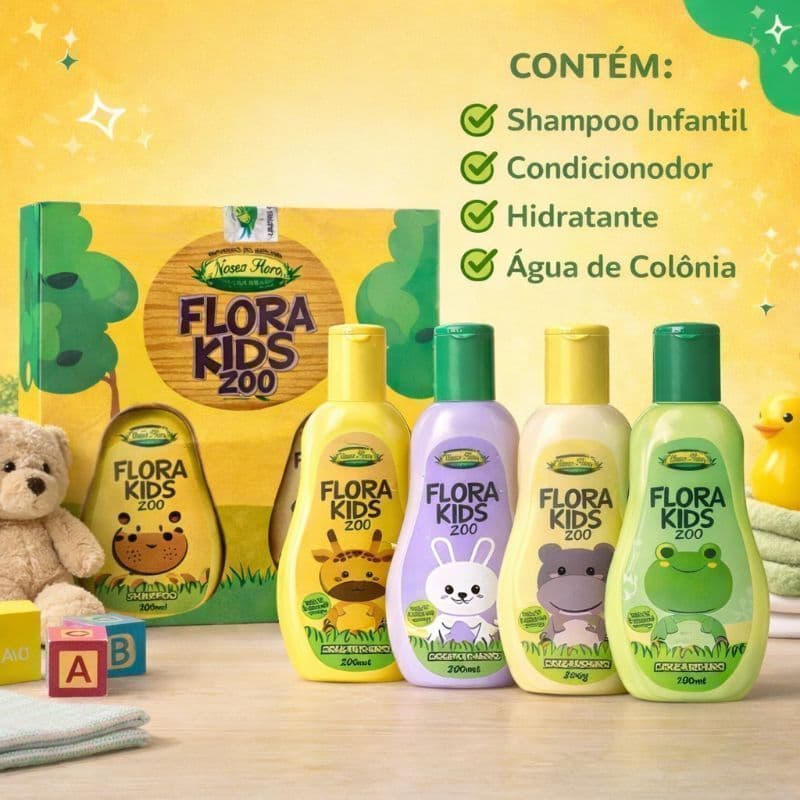 Kit Infantil Flora Zoo Kids Bebê Nossa Flora – Shampoo, Condicionador, Hidratante e Colônia
