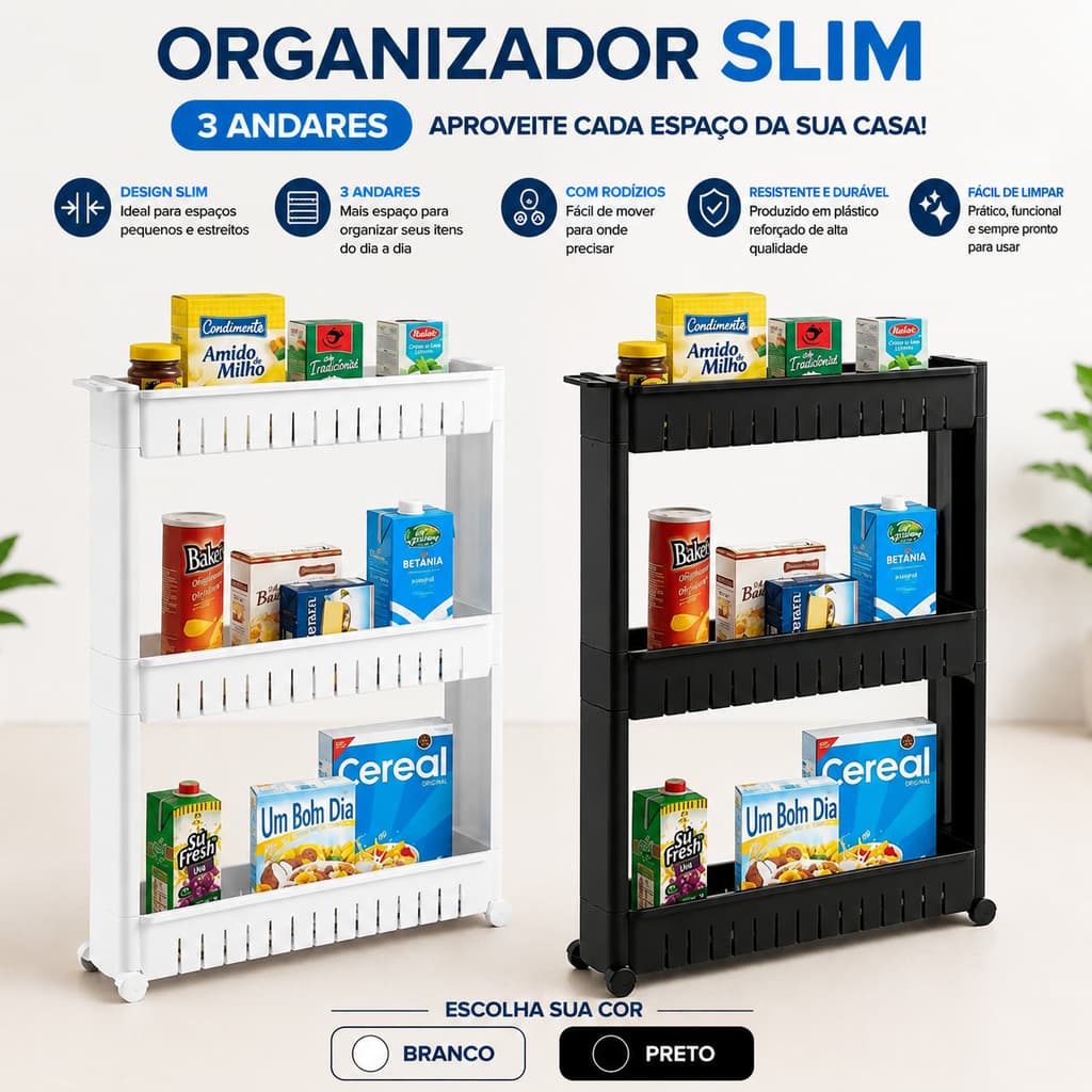 Carrinho Organizador Slim 3 Andares Com Rodinhas Multiuso Cozinha Banheiro Lavanderia Nicho Estreito