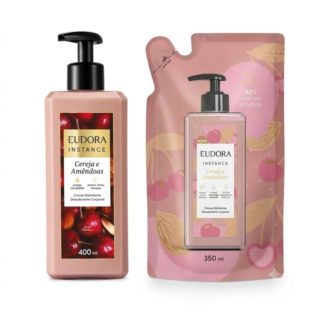 Combo Eudora Instance Cereja e Amêndoas: Creme Hidratante Corporal 400ml + Refil Hidratante Corporal 350ml