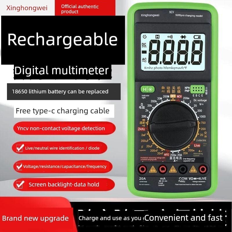 Xinghongwei 9205Pro Multímetro Recarregável Anti-Queimadura Multi-Função Multímetro Digital Inteligente Eletricista Dedi