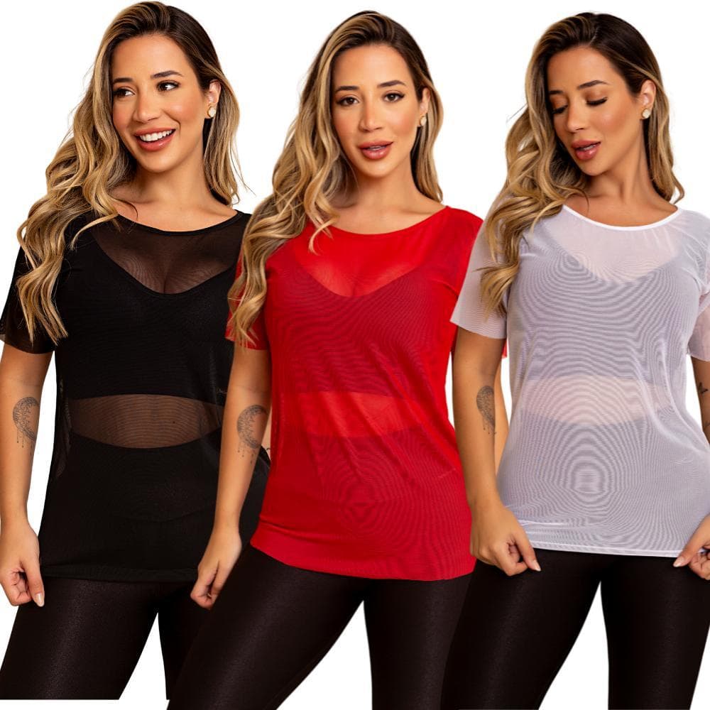 Kit 3 Blusa Feminina Transparente De Tule Manga Curta Camiseta Academia Treino Fitness Musculação