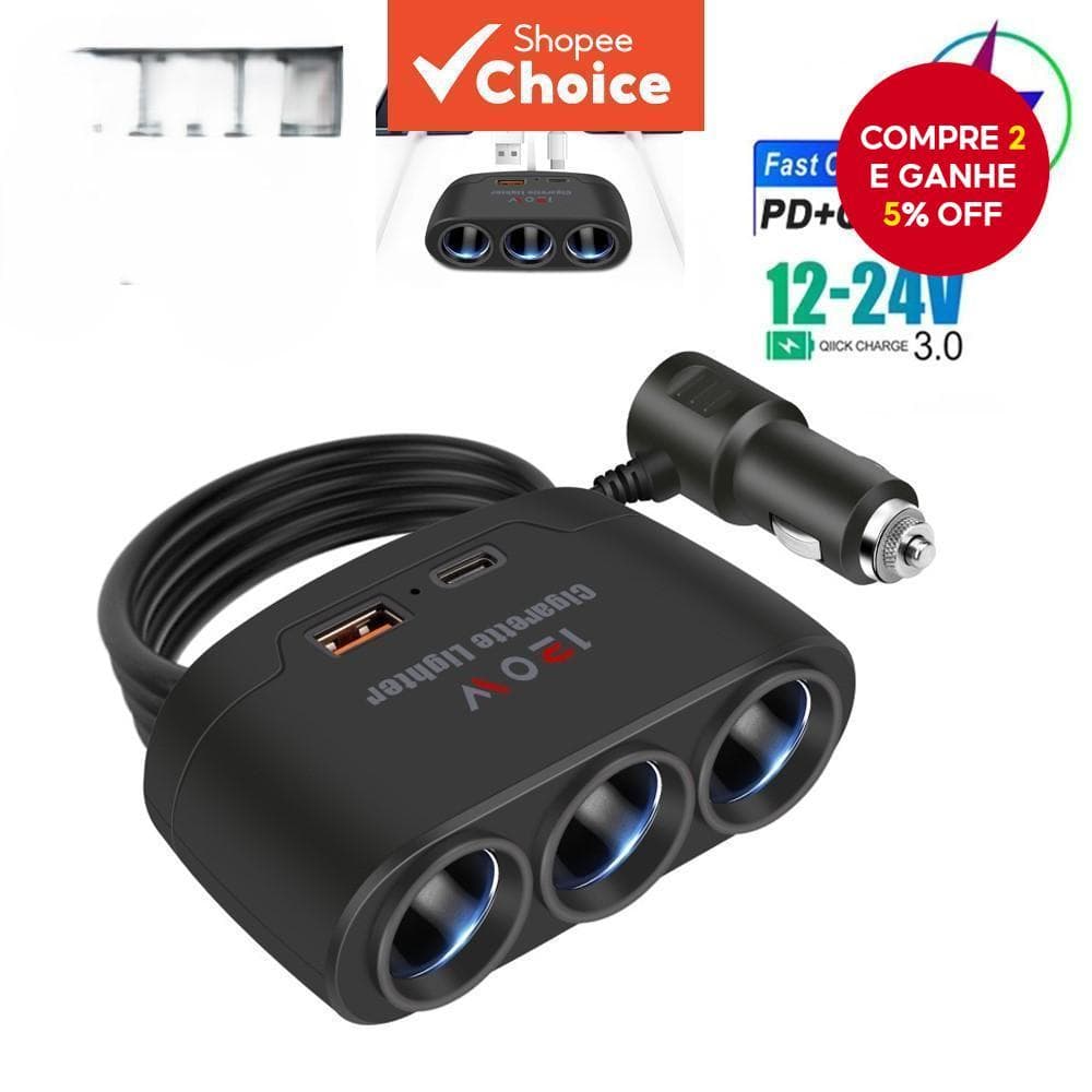 Adaptador De Carregador De Carro 12V/24V , Divisor De Isqueiro De 3 Soquetes , Rápido USB Duplo