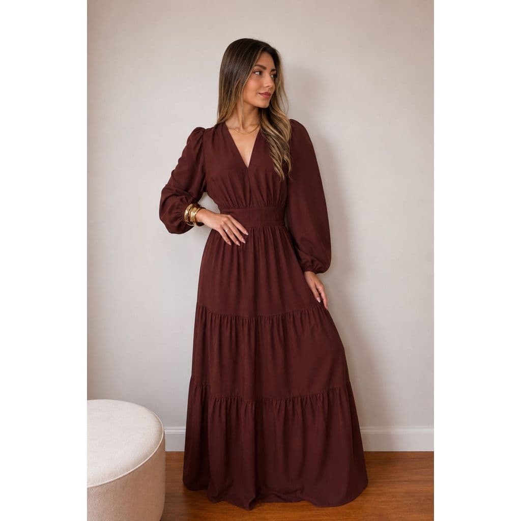 Vestido Vestido Feminino Longo boho Elegante Viscose Moda Feminina farm marrom
