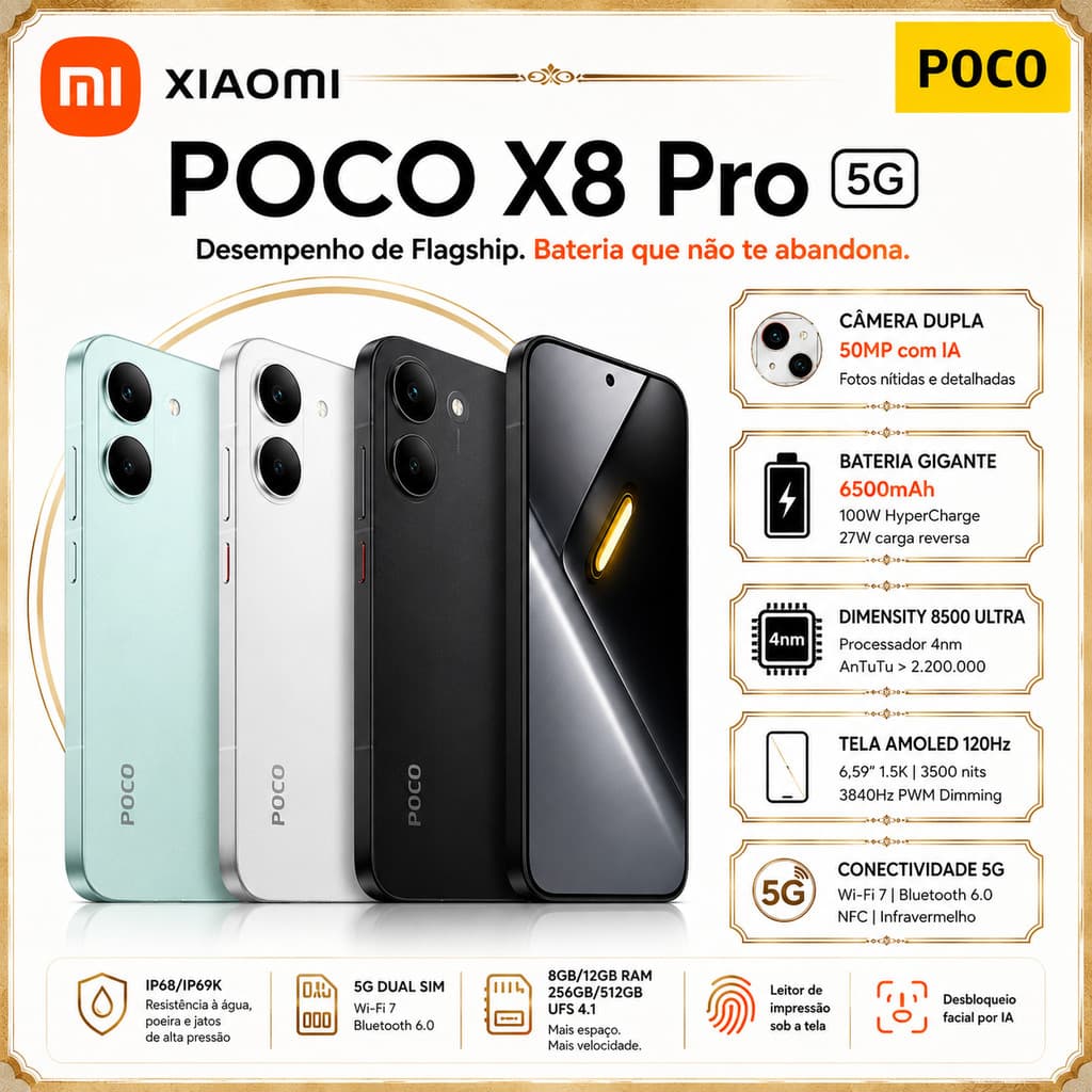 Smartphone Xiaomi POCO X8 Pro 5G NFC 512GB 12GB RAM Global 50MP 120Hz AMOLED 6500 mAh Original Novo Lacrado 2026