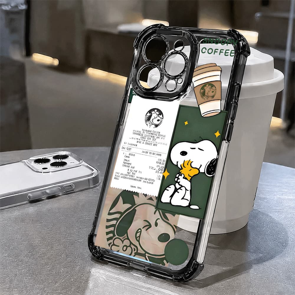 Transparente Cristal Capa De Celular Para IPhone 17 16 15 14 13 12 11 Pro Max Plus Café Snoopy Capinha