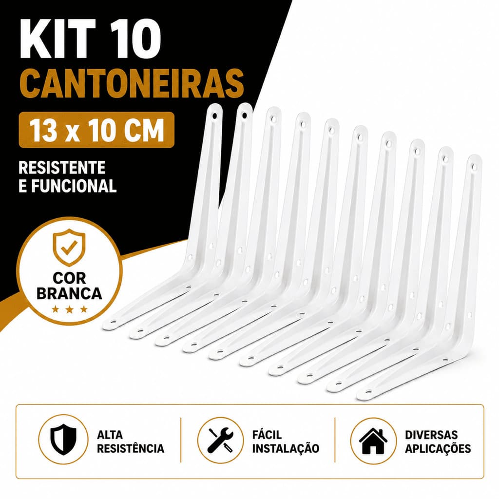 Kit 10 Cantoneira de Metal 13x10cm EM L Branco Suporte Para Prateleira Madeira Parede Casa Decoração Mão Francesa