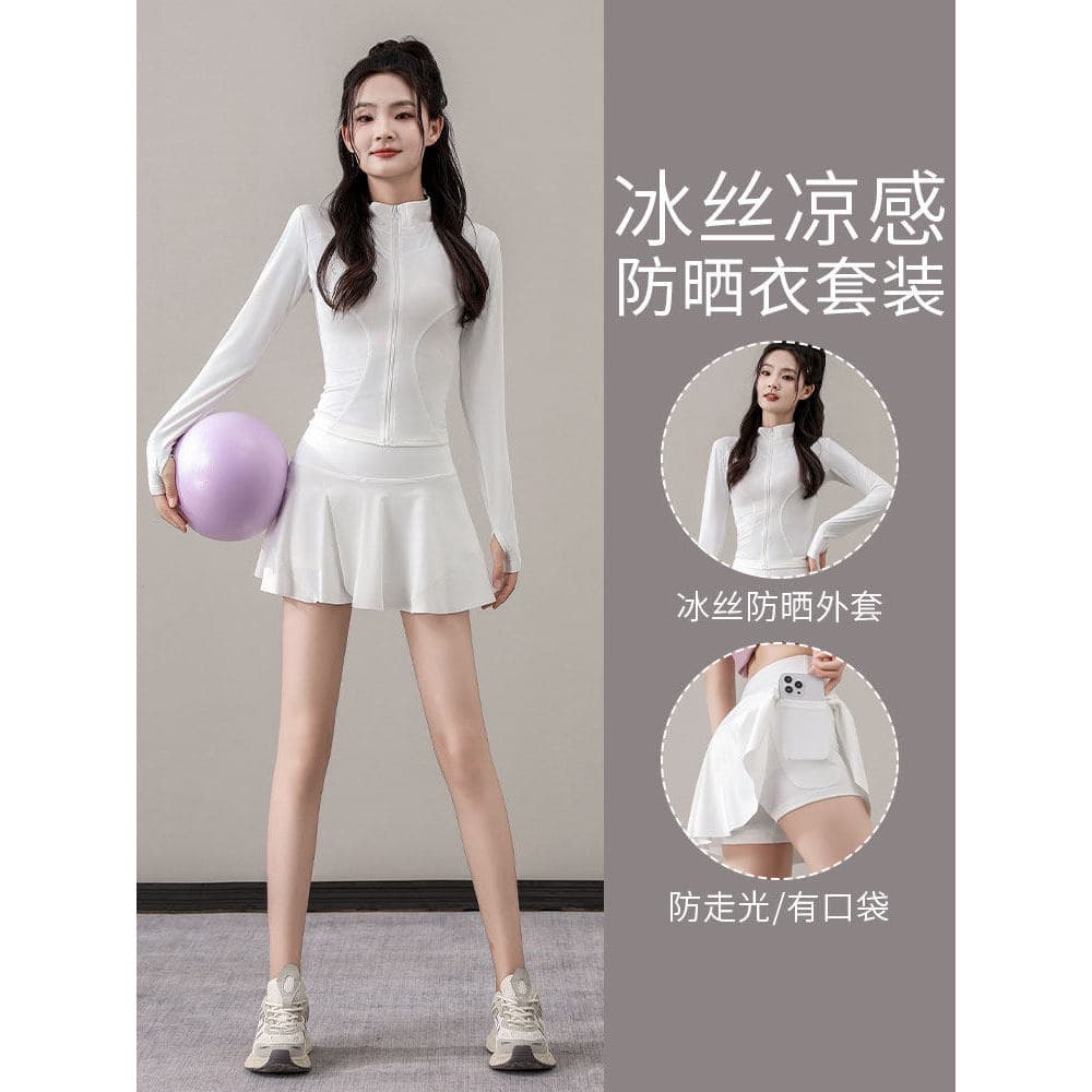 [Premium] Conjunto Esportivo de Tênis Feminino, Nova Roupa de Verão com Proteção Solar, Roupa de Yoga, Saia de Fitness d