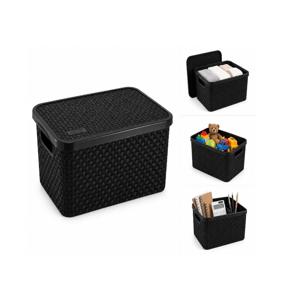 CESTO ORGANIZADOR RATTAN 16L COM TAMPA PRETO CAIXA MULTIUSO ROUPAS BANHEIRO ESCRITORIO DECORATIVA