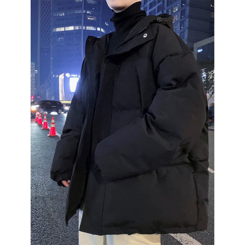 Jaqueta acolchoada preta com capuz, jaqueta masculina de inverno, jaqueta acolchoada quente e espessada, jaqueta acolcho