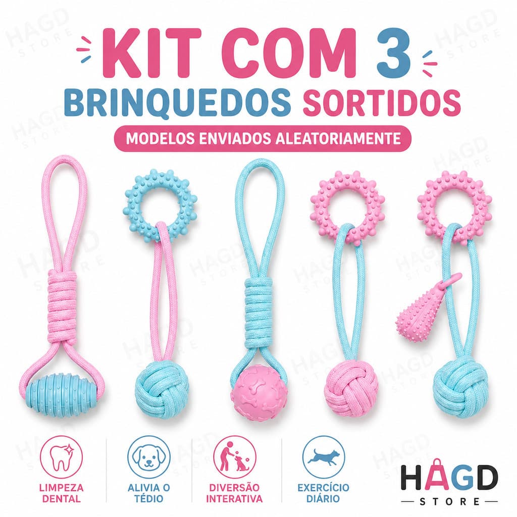 Kit 3 Brinquedos Mordedor para Cachorro Corda Interativa Limpeza Dental Pet