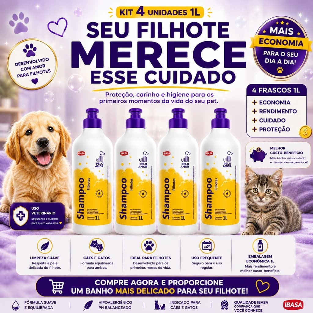 Kit 4 Shampoo Filhotes para Cães e Gatos Pelo Amor Ibasa 1L