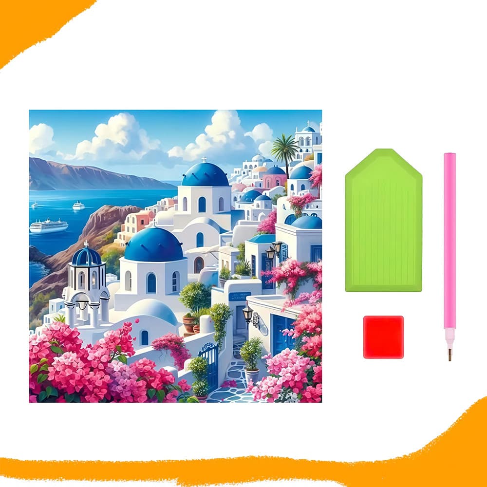 30 x 30cm, Pintura com diamantes quadrados 5D para adultos, Conjunto coloridos de arte com diamantes de Santorini