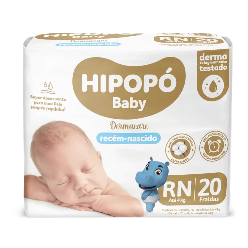 Fralda Infantil Hipopó RN | 20 Unidades | Recém-Nascido Até 4kg | Alta Absorção Dermacare