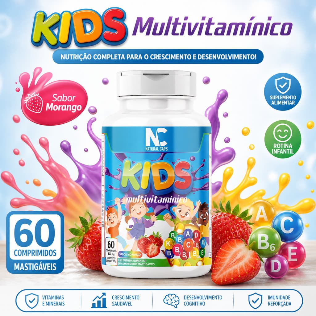 Vitamina Infantil Mastigável Morango 60 comp Suplemento Kids para Crescimento, Imunidade e Energia