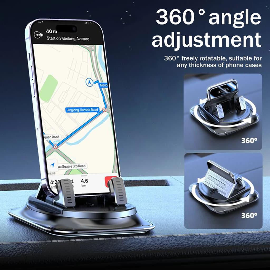 Suporte de celular 360° giratório para carro, antiderrapante, para painel, operação com uma mão, presilha ajustável com