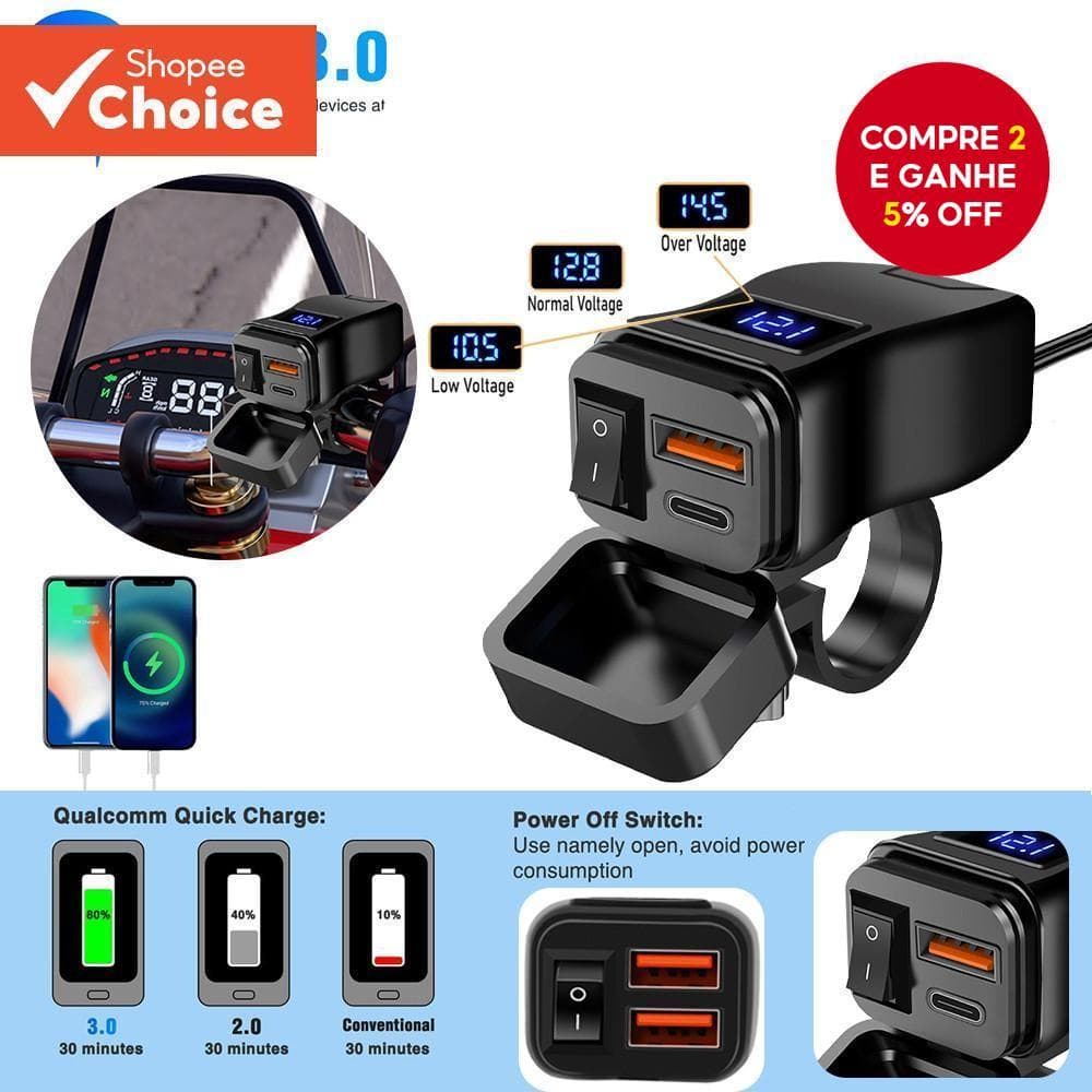 Carregador Rápido USB Para Motocicleta À Prova D'água PD QC3.0 Com Porta Tipo C E Voltímetro Digital