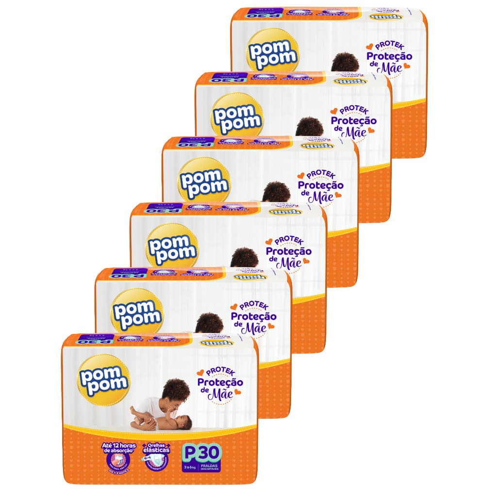 Kit 6 Pacotes de Fraldas Descartável Infantil Pom Pom Protek