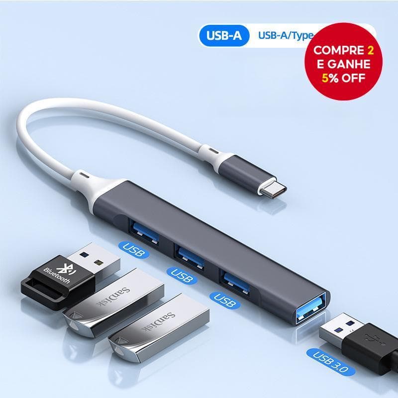 Hub USB 4 em 1 com Extensão e Adaptador Multiporta para Laptop e Desktop com Cabo de Dados