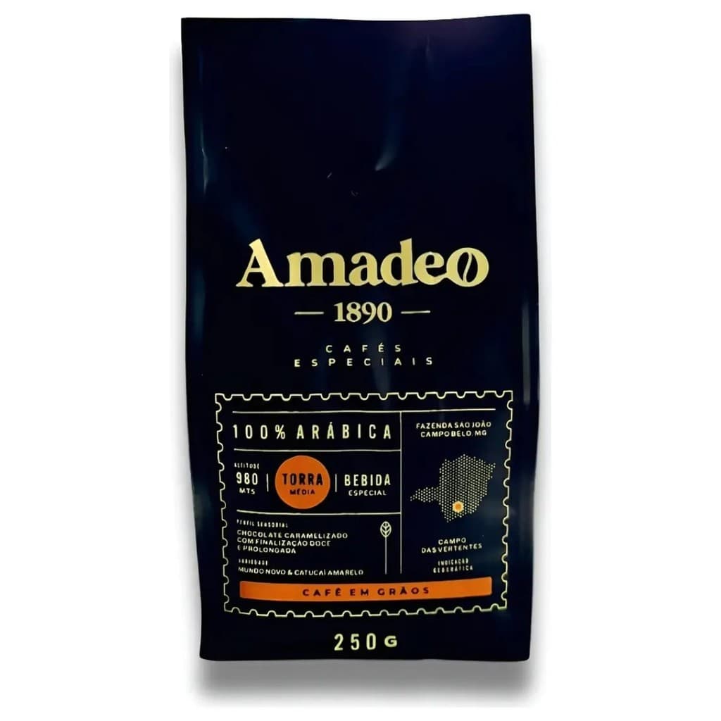 Café Especial Torrado em Grãos 100% Arábica 250g Amadeo 1890 Torra Atual Média 84+ Pontos