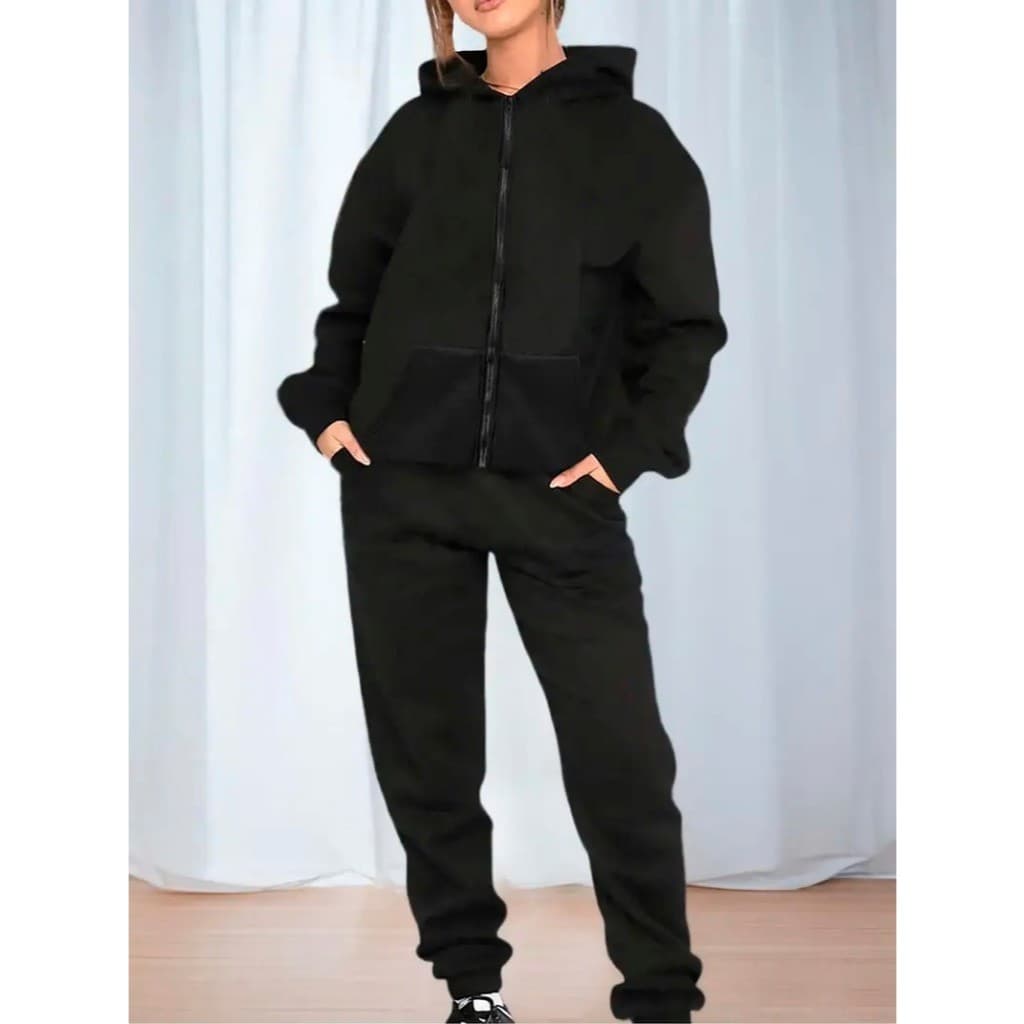 Conjunto Casual Feminino de Moletom com Capuz, Bolso E Zíper e Calça Moletom Quentinha