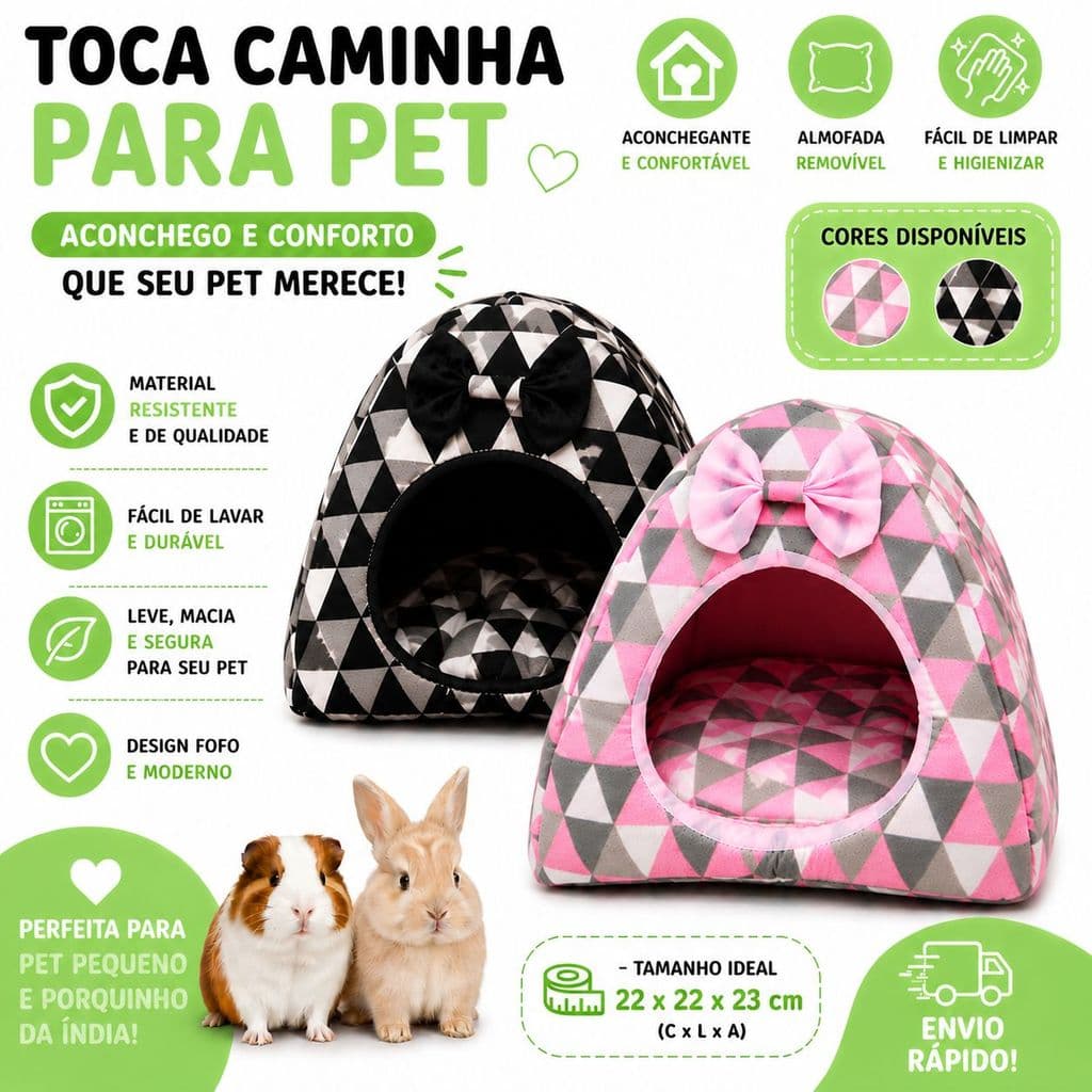 Casinha Pet Pequena Quentinha  Coelho Hamster e Porquinho da Índia Rosa ou Preto 22x22x23.
