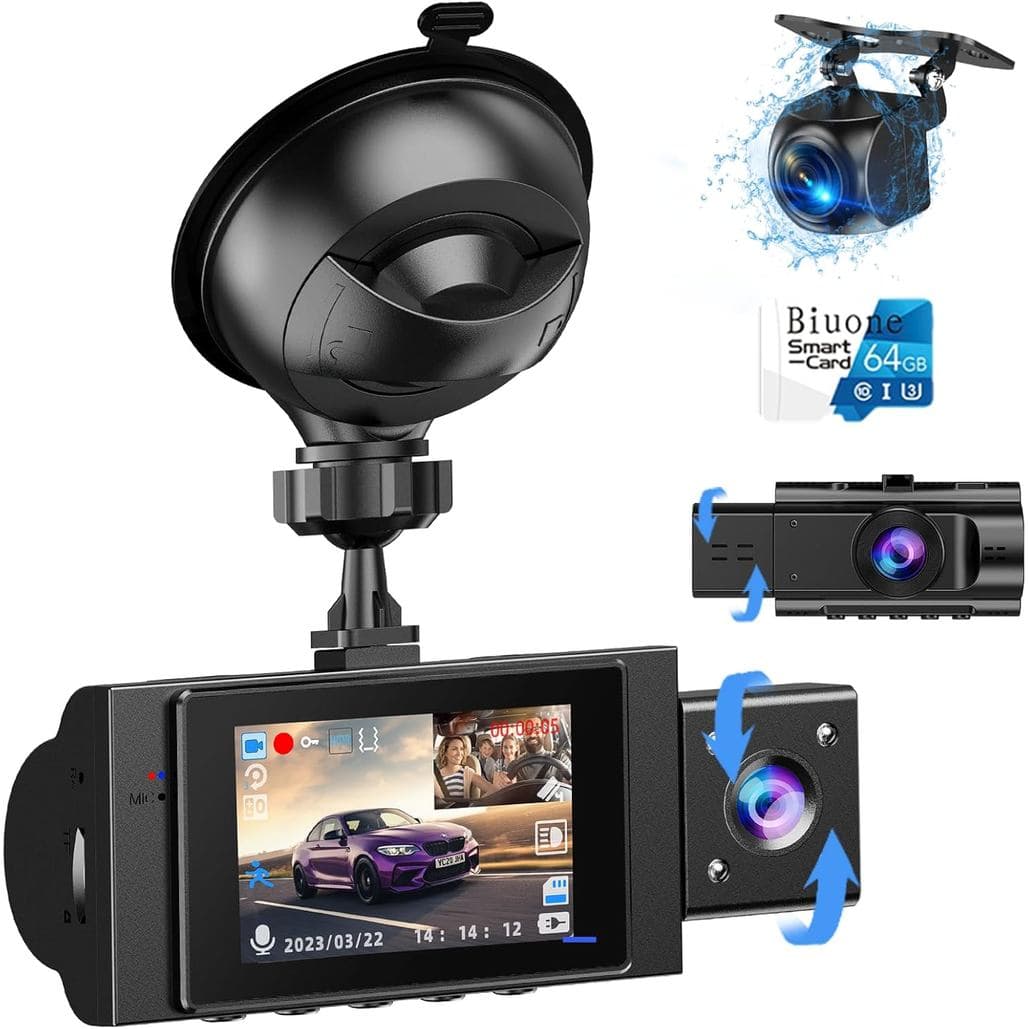 Câmera Veicular de 3 Canais (Frente, Traseira e Interna) com Cartão SD de 64GB, Câmera de Painel para Carros 1080P+720P+