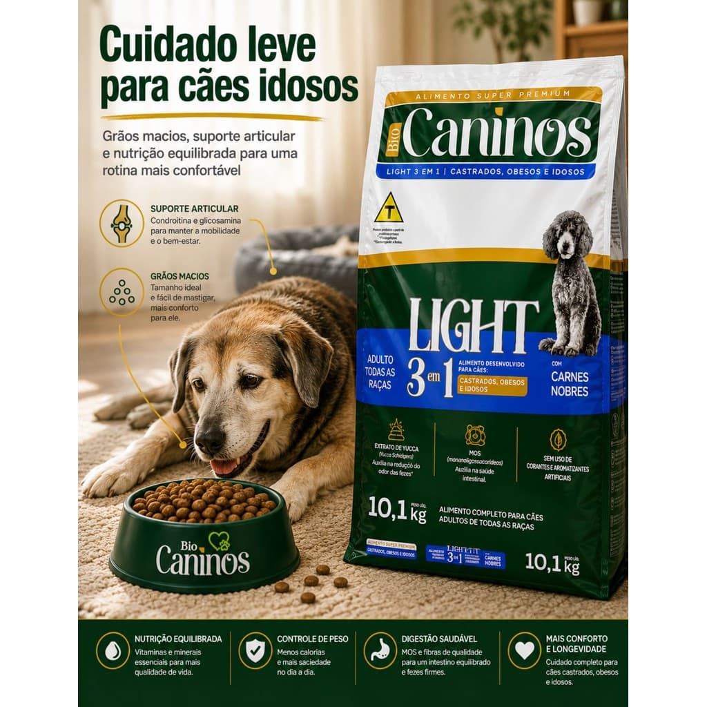 Ração Cachorro Light Idoso Bio Caninos Premium Carne 10kg Obeso Castrado Velho