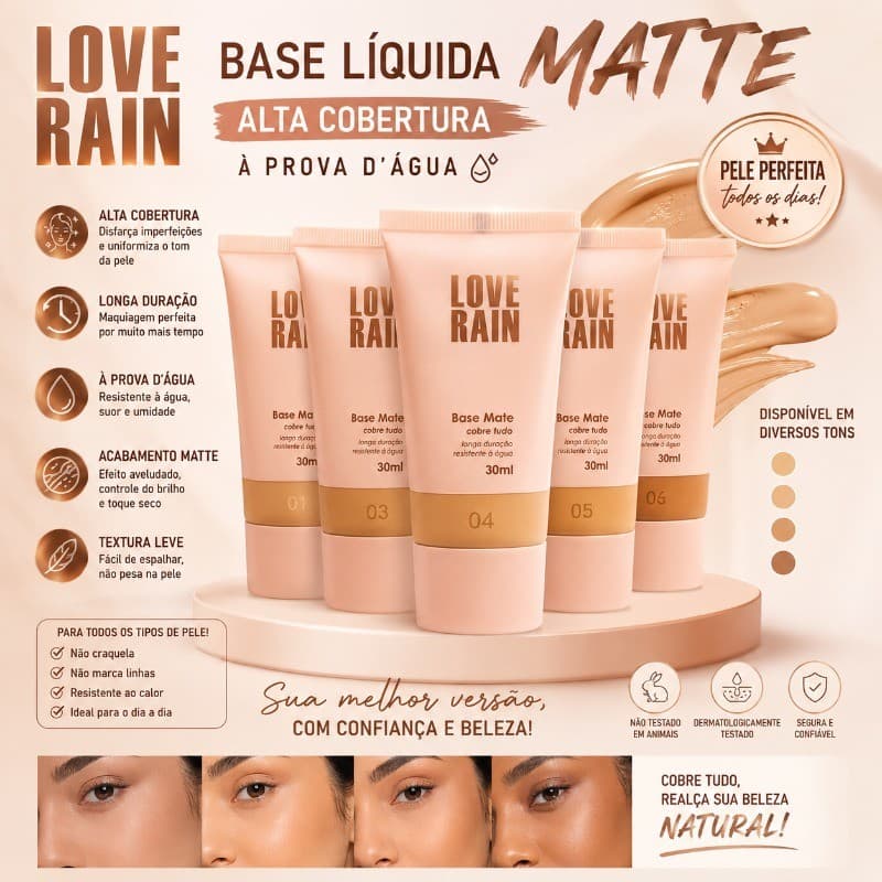 Base Líquida Matte Love Rain Alta Cobertura À Prova D’Água Longa Duração