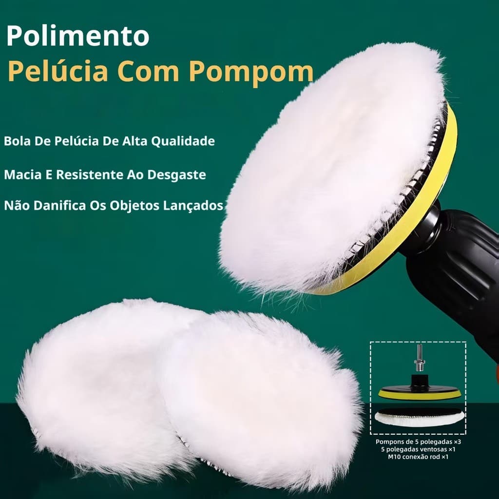 KIT 5 PEÇAS BOLA DE POLIMENTO 5 POLEGADAS P/ CARRO, COMPATÍVEL POLITRIZ E FURADEIRA