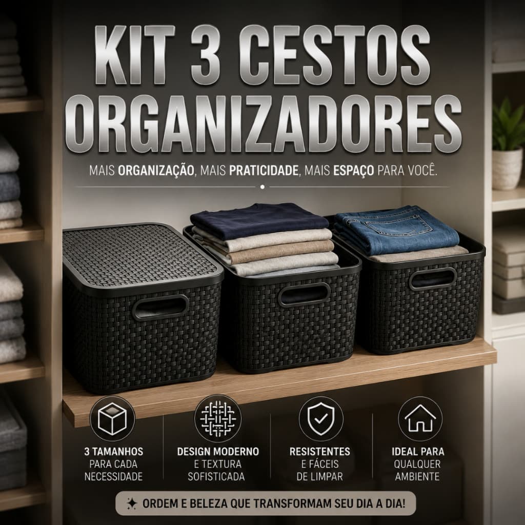 Kit até 03 Cesto Organizador 7L Rattan Com Tampa Caixa Organizadora Multiuso Para Armário Banheiro Escritório