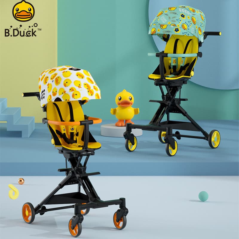 Pequeno pato amarelo carrinho de bebê leve sentado crianças carrinho bidirecional alta paisagem andando bebê ferramenta 